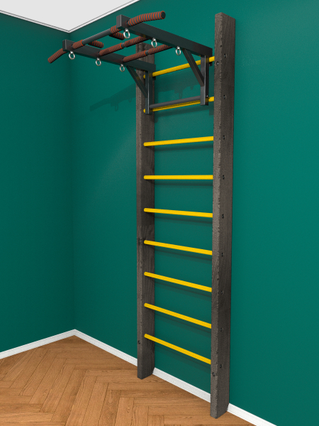 Брашированная шведская стенка "Кастерли" Black с турником (Желтые ступени)